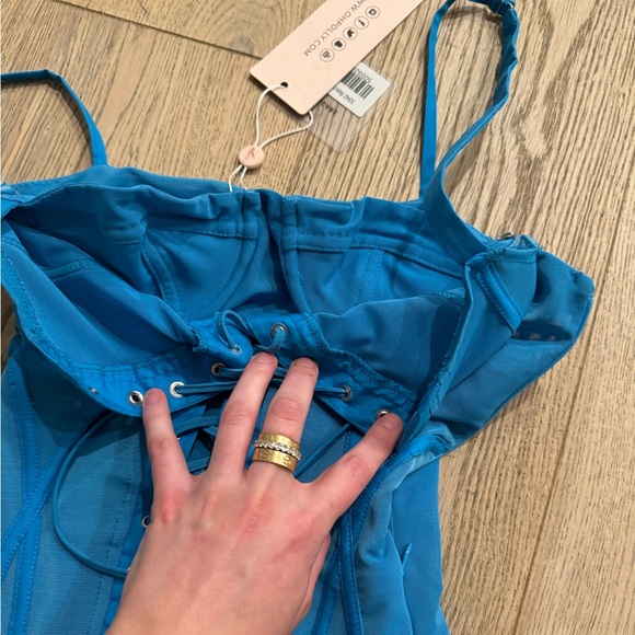 Oh Polly NWT Lace Up Corset Mini Dress Blue US 0 Mesh Turquoise Bodycon Bustier - Picture 6 of 8